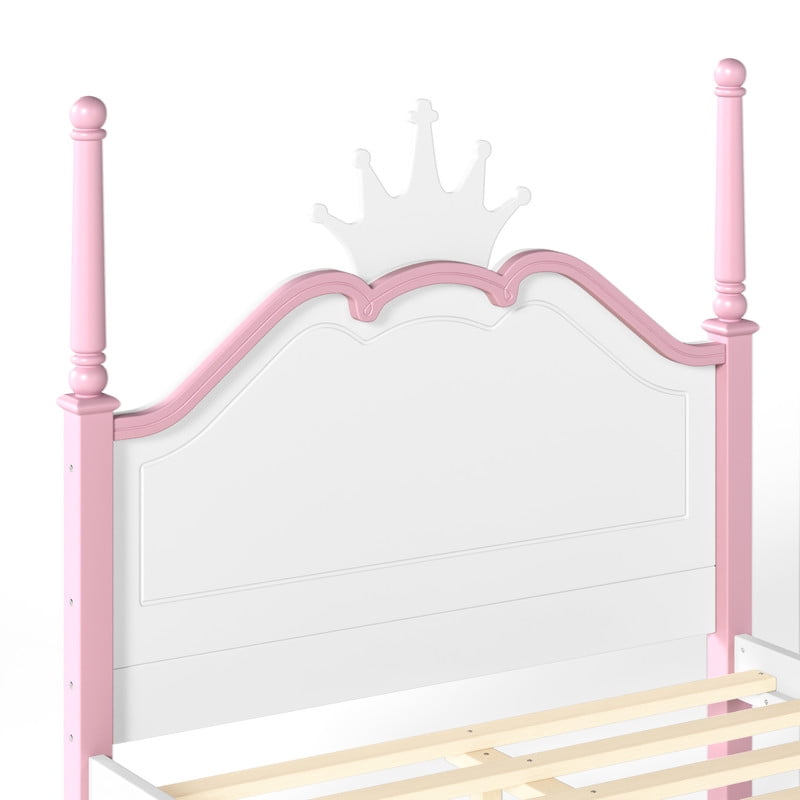 Full Size Kids Low Profile Platform Bed, Curved Footboard Four Poster Bed, Wooden Princess Bed Frame with Crown Shaped Headboard