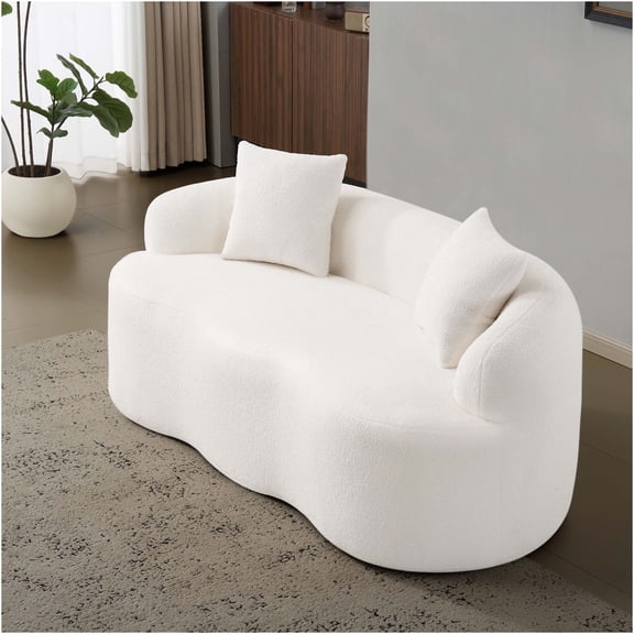 JERFIT Modern Curved Loveseat Sofa with Pillows, Compact Cream White Foam Spring Couch for Small Space Living Room Bedroom Apartment, No Assembly Required