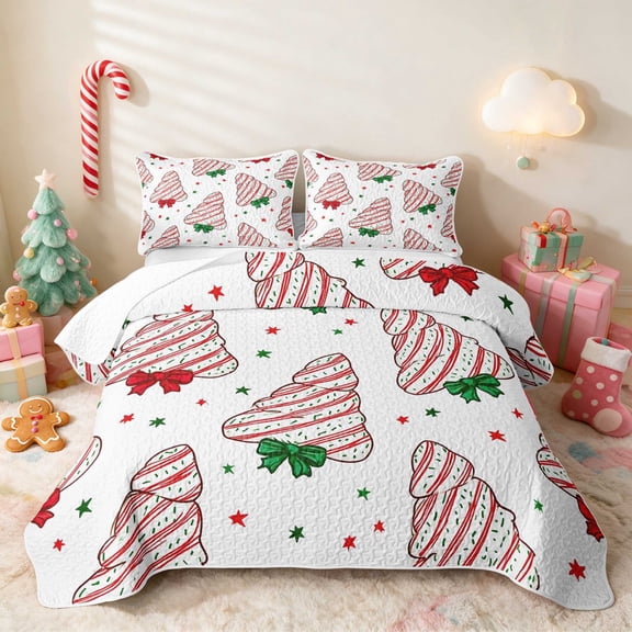 Manfei Christmas Tree Twin Quilt Set Holiday Twin Coverlet Set, Pink White 2-Piece 1 Bedspread and 1 Pillowcase