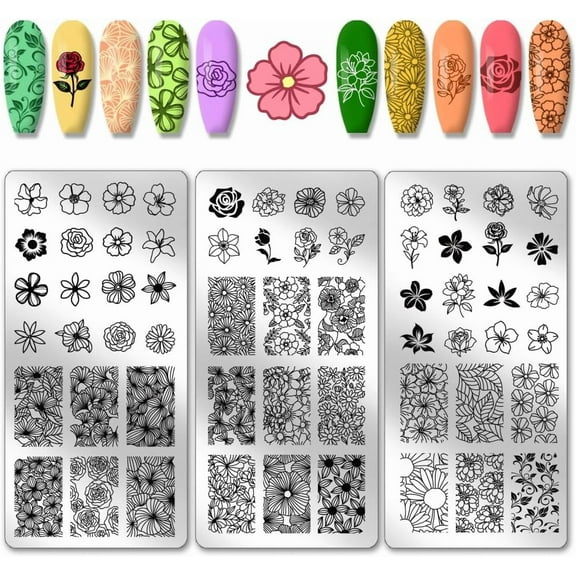 3pcs Flowers Nail Stamping Plates Plants Nail Art Templates Mixed Floral Rose Nail Art Stencil Stainless Steel Nail Image Plates