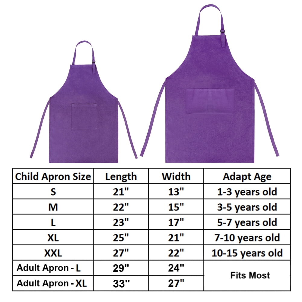 Opromo Colorful Cotton Canvas Kid\'s & Adult\'s Aprons with Pocket, Artist Apron & Chef Apron in Set (Purple, 21"L x 13"W/29"L x 24"W)