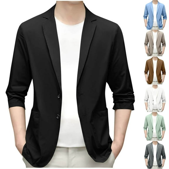 Teyfeniy Black Men's Elegant Blazer Jacket Solid Color Long Sleeve Button Slim Lightweight Business Sport Coat Casual Fashion Lapel Jackets