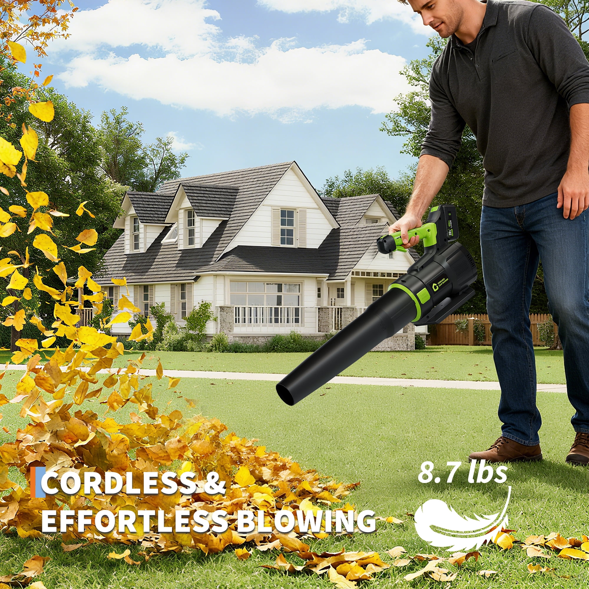 20V Cordless Leaf Blower - 650 CFM / 200 MPH, 4.0Ah Battery, Fast Charge, Brushless Motor, green