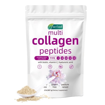 Multi Collagen Peptides Powder 2lb - Hydrolyzed Collagen Type I II III V X with Biotin, Vitamin C & Hyaluronic Acid - GMO Free, Gluten Free Collagen Supplement for Skin Hair Nails & Joint Health