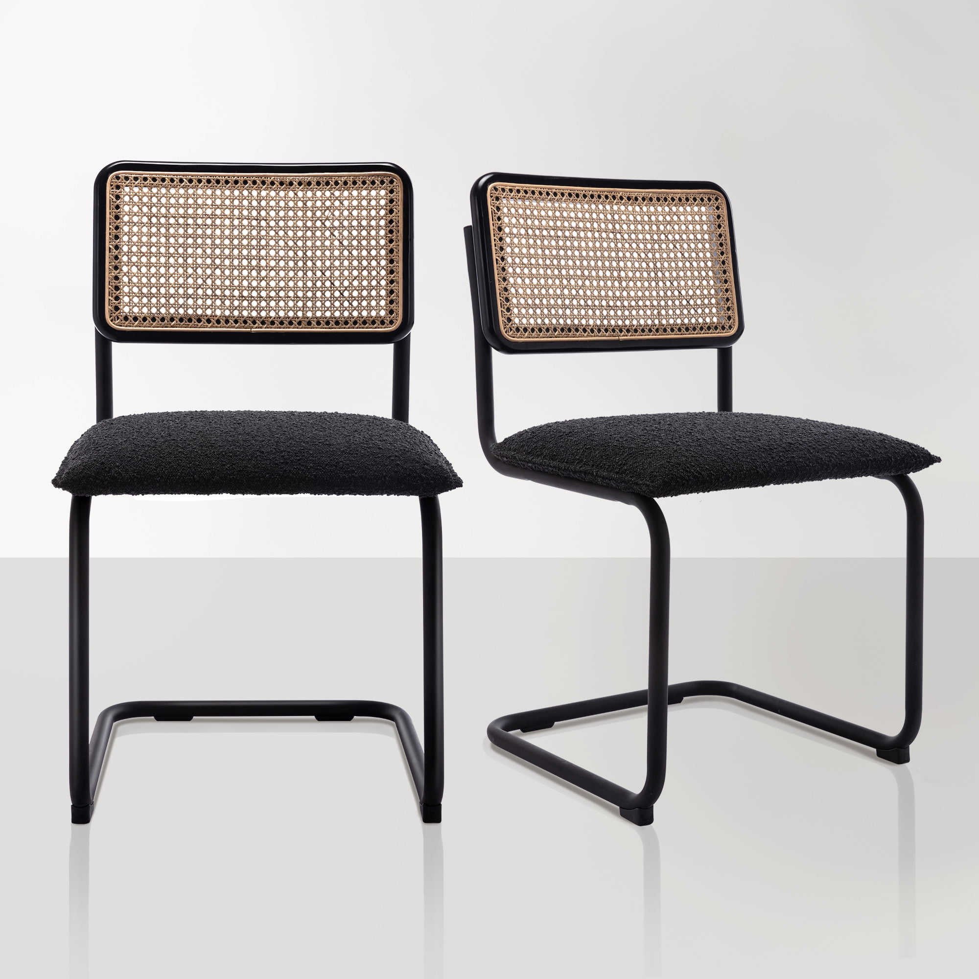 Zesthouse Rattan Dining Chairs Set of 2, Boucle Dining Chair with Black Metal Legs and Cane Back