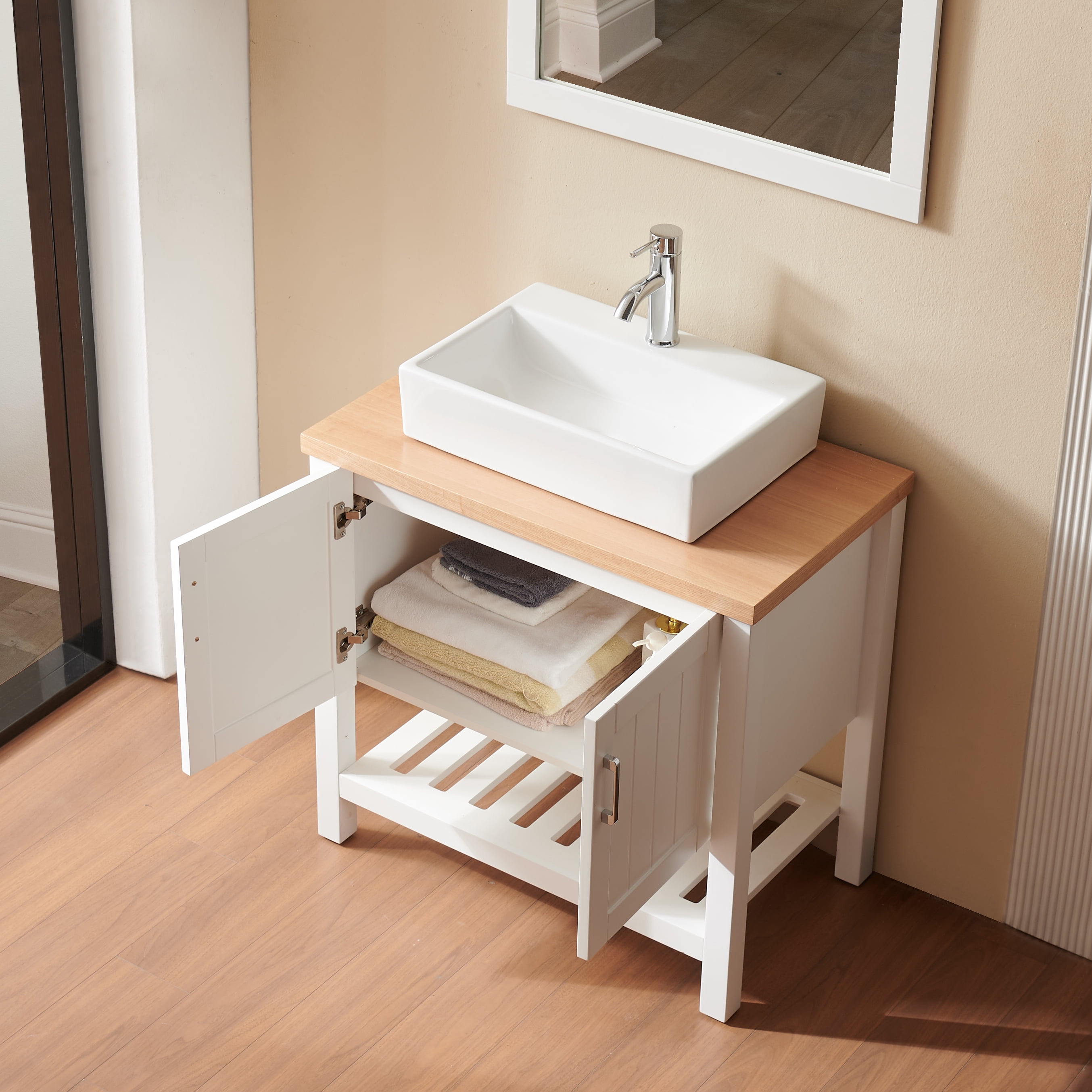 FFZ 32" Bathroom Vanity with Sink, Solid Wood Cabinet with Doors & Open Shelf, White+Natural