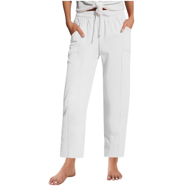 Plebaso Women's Pants High Waist Drawstring Loose Casual Pants Solid Color Lounge Trousers with Pockets