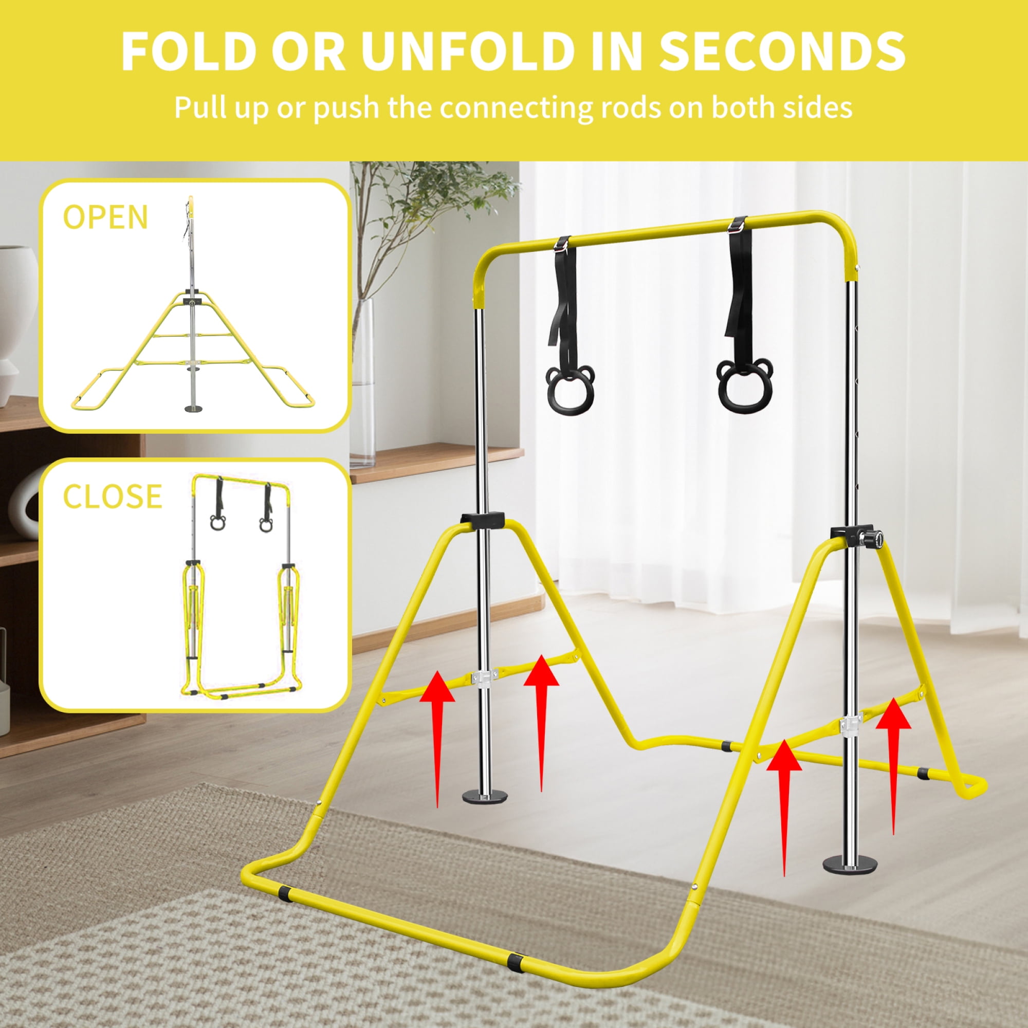 Leumius Gymnastics Bar for Kids,35"-51" Adjustable Height Steel Gymnastic Horizontal Bars with Bear Rings,Gymnastics Equipment for Indoor/Outdoor Training,Yellow
