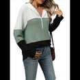 thumbnail image 3 of Suéter con Capucha y Media Cremallera para Mujer, Talla Grande, Color Block, Punto Acanalado, Cuello en V, Larga Verde XL, 3 of 10