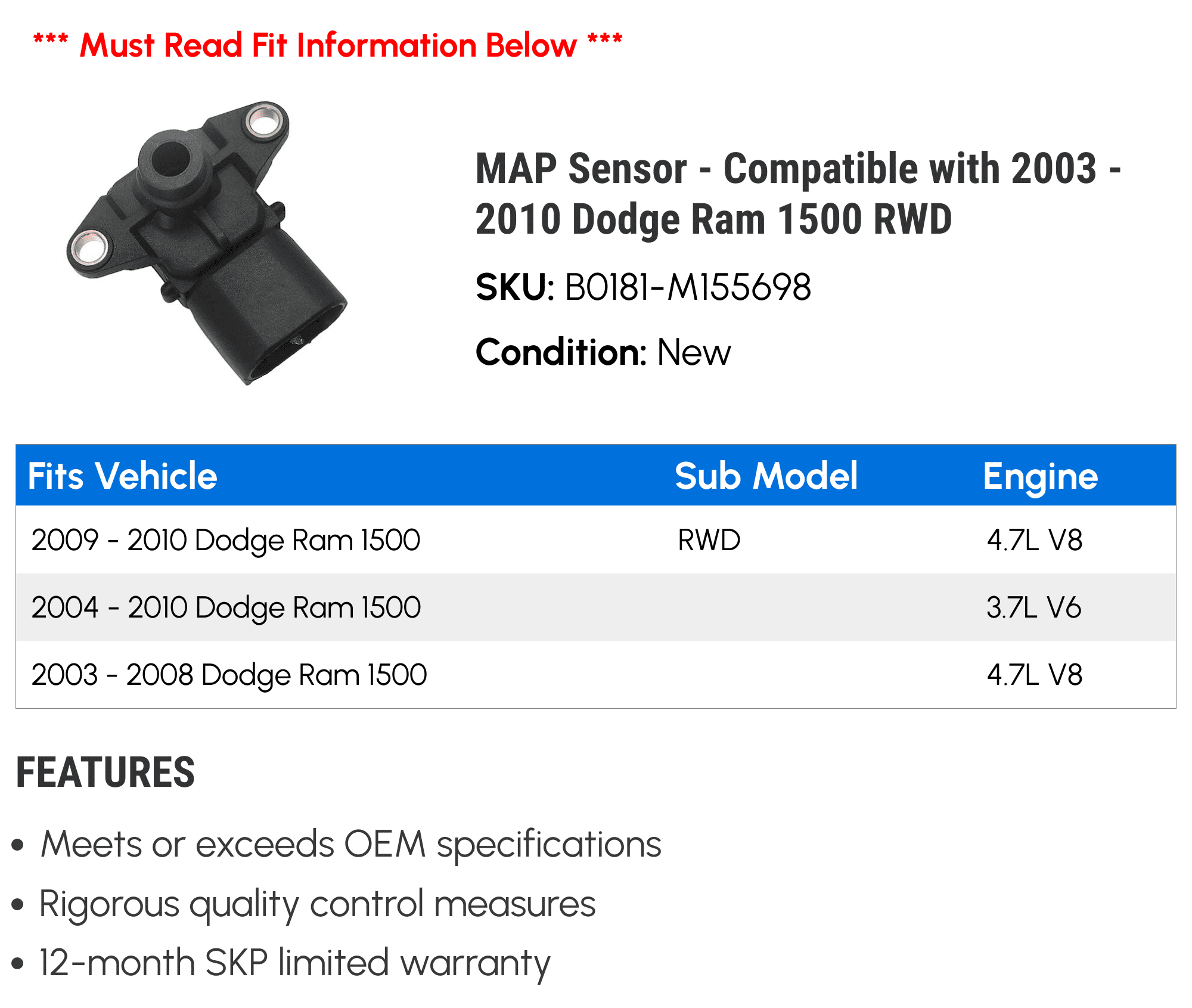 MAP Sensor - Compatible with 2003 - 2010 Dodge Ram 1500 RWD 2004 2005 2006 2007 2008 2009