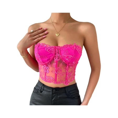 

Urobanpeeg Women Casual Lace Embroidery Lace Up Back Strapless Bandeau Tube Crop Sheer Sleeveless Push Up Corset Top