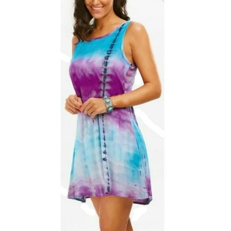 - Women's Fashion Sleeveless O-neck Tie Dye Tank Top Dress Lace Patchwork Cotton Mini Dress