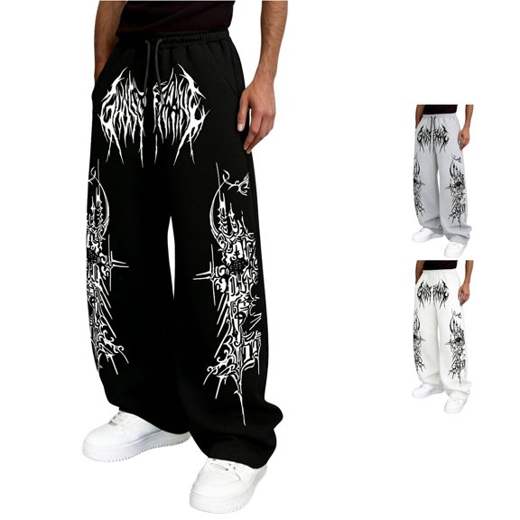 XIAOCHA Mens Gothic Wide Leg Sweatpants Drawstring Waist Side Pockets Streetwear Trousers