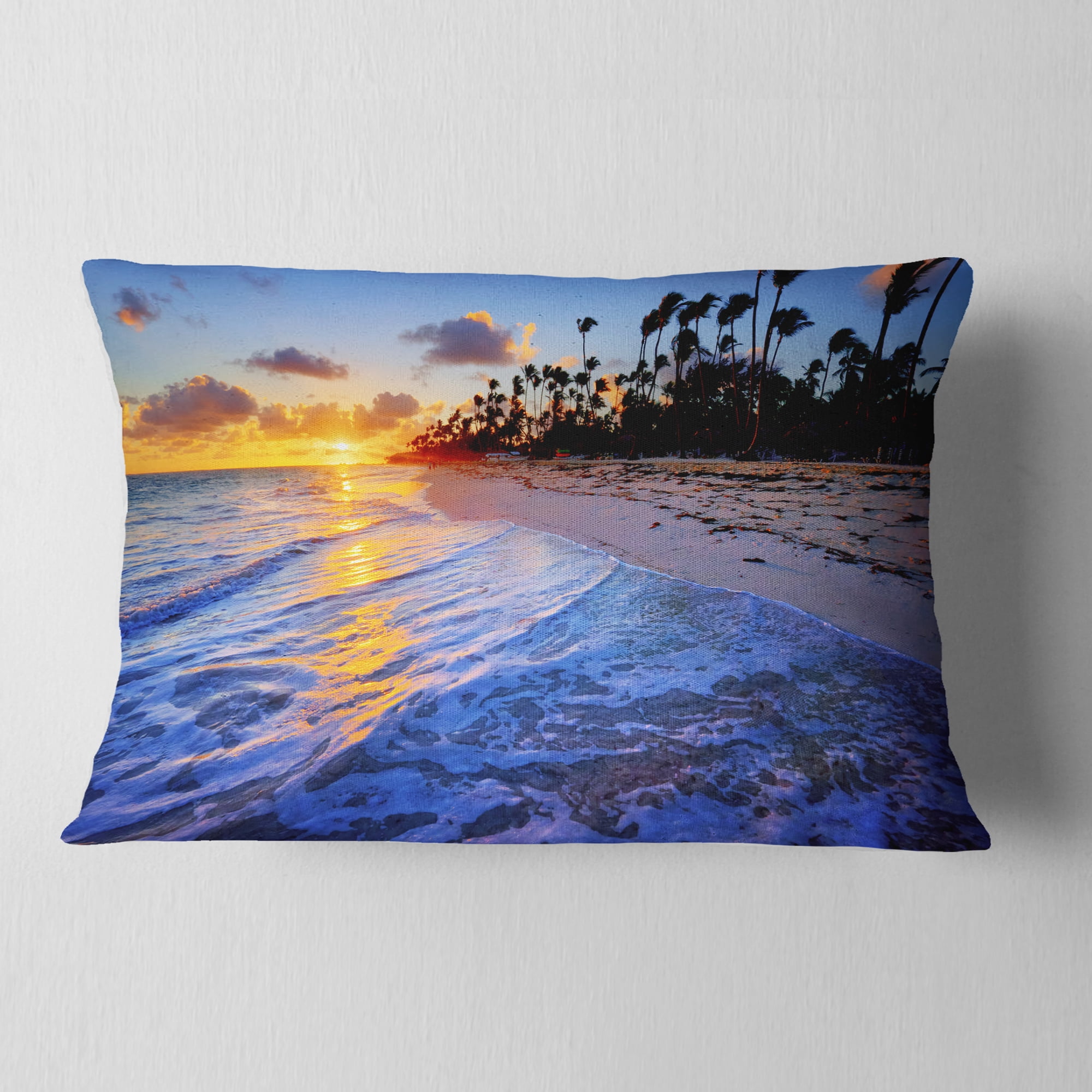 Designart Blue Waves Along the Shore - Seashore Throw Pillow - 12x20