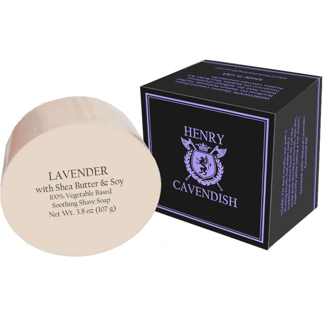 Jabón de afeitar de lavanda Henry Cavendish con manteca de karité y aceite de coco. Recambio de disco de larga duración de 3,8 oz. Jabón de afeitar para hombres. Todo natural. Espuma rica, afeitado su