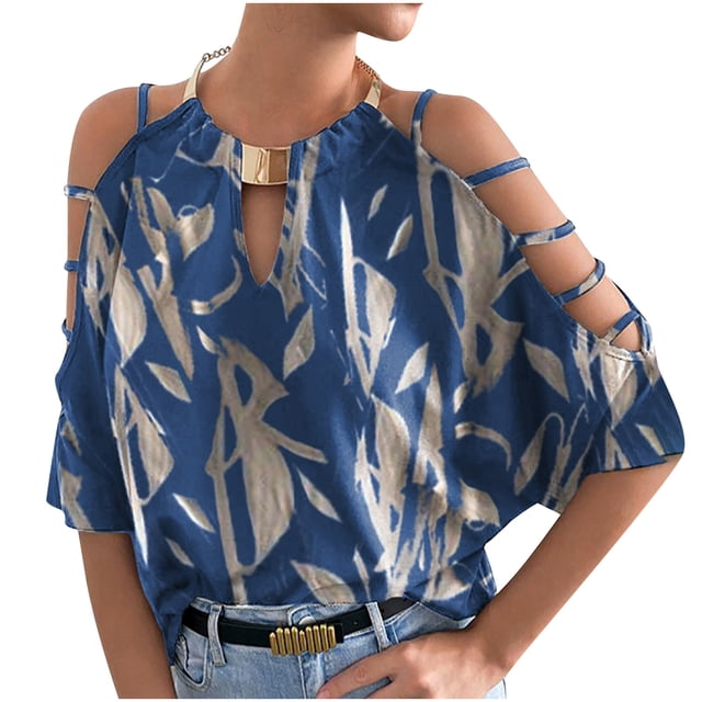 Ichuanyi Womens Swimsuits Clearance Sexy Women Casual Printed Half Sleeve Halter Necklace Clod Shoulder Pullover Blouse T-shirt Tops Ichuanyi Ichuanyi