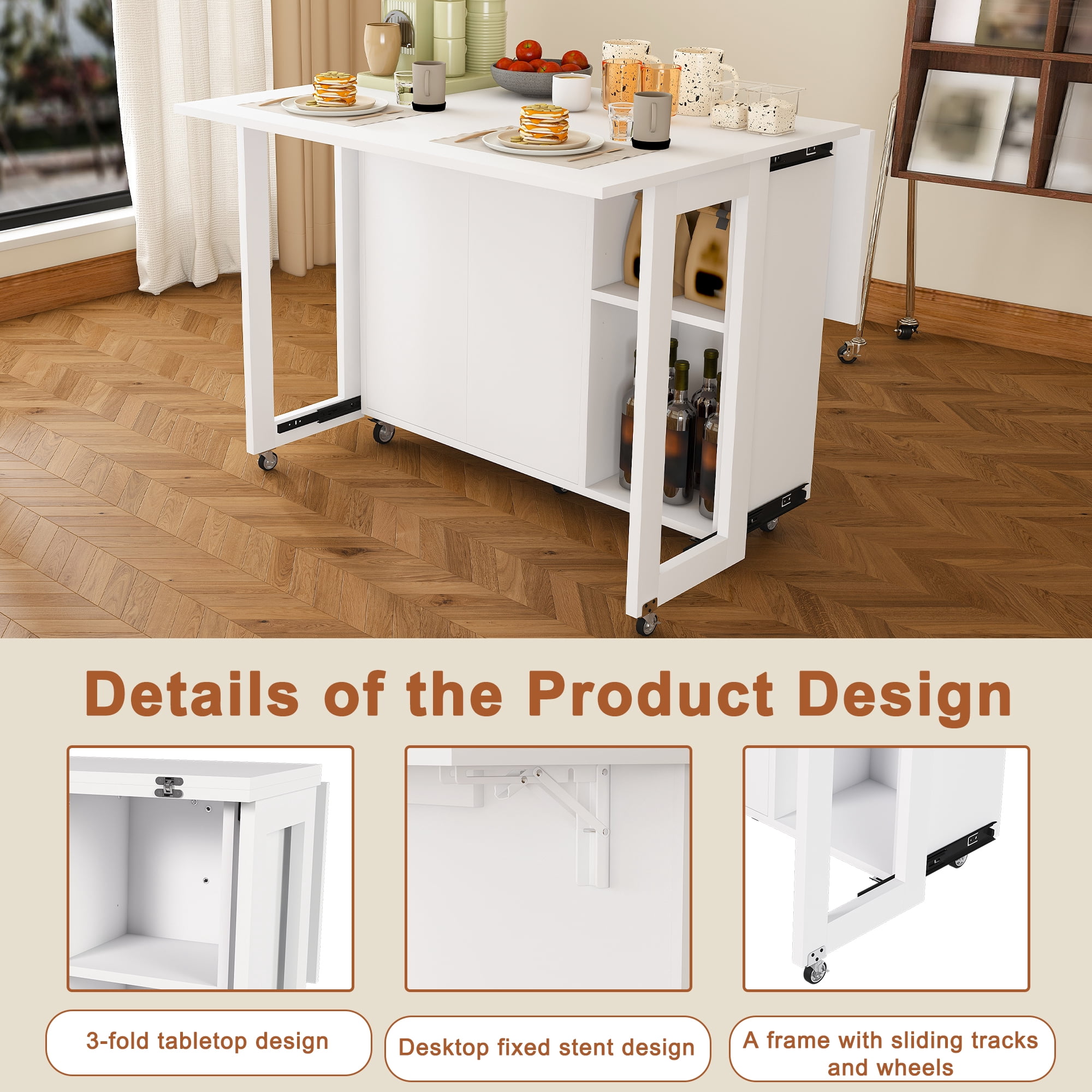 Mintazer 3‑in‑1 Folding Dining Table with 4 Large Storage Shelves & Storage Compartments, Multi‑Mode Convertible Table Cabinet with Lockable Wheels for Small Space Kitchen Apartment, White