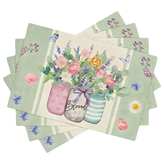 Placemats Set of 4, Spring Summer Floral Washable Heat Resistant Linen Place Mats 12×18, Bloom Vase Decorative Table Mats for Dining Table and Kitchen