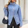 thumbnail image 6 of 2026 Women's Oversized Jean Jacket Vintage Washed High Neck Denim Jacket Asymmetrical Button Down Street Style Coat, XL, 6 of 7