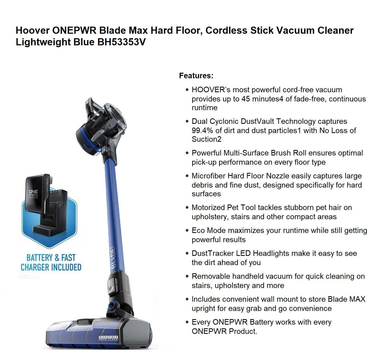 Hoover ONEPWR Blade Max Hard Floor, Cordless Stick Vacuum Cleaner Lightweight Blue BH53353V