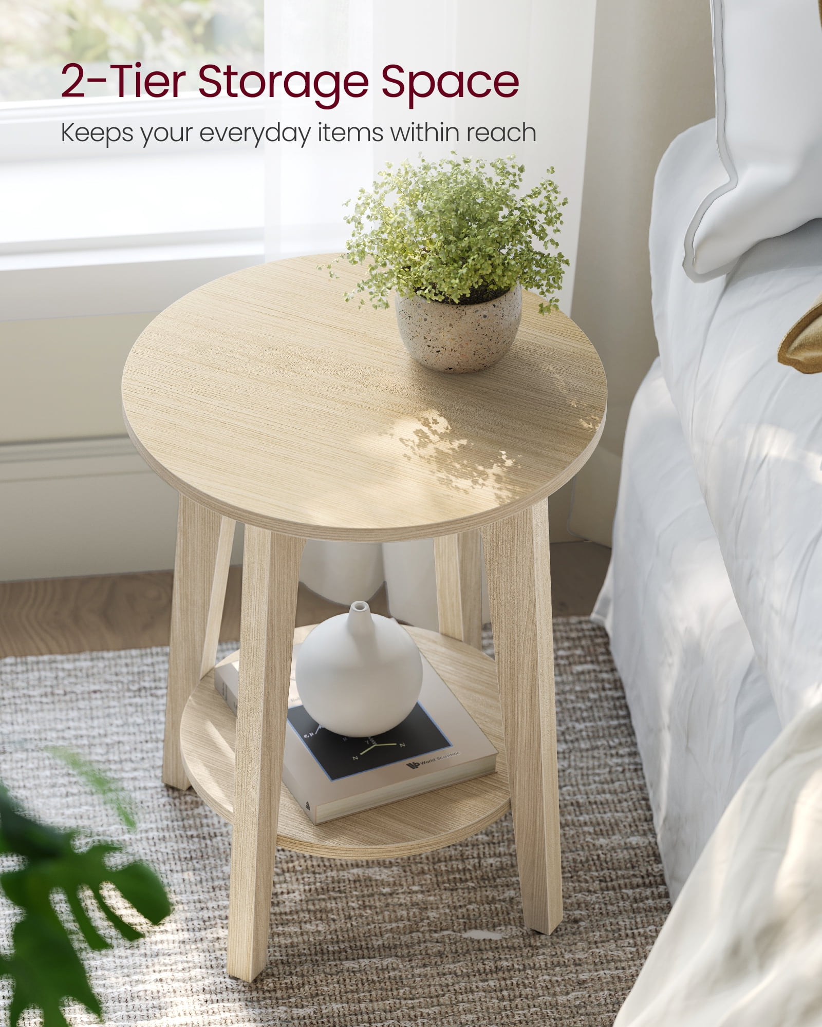 Natural Beige Small Round End Table. Features a Lower Shelf, Perfect as a Nightstand for Small Spaces in Living Rooms or Bedrooms.