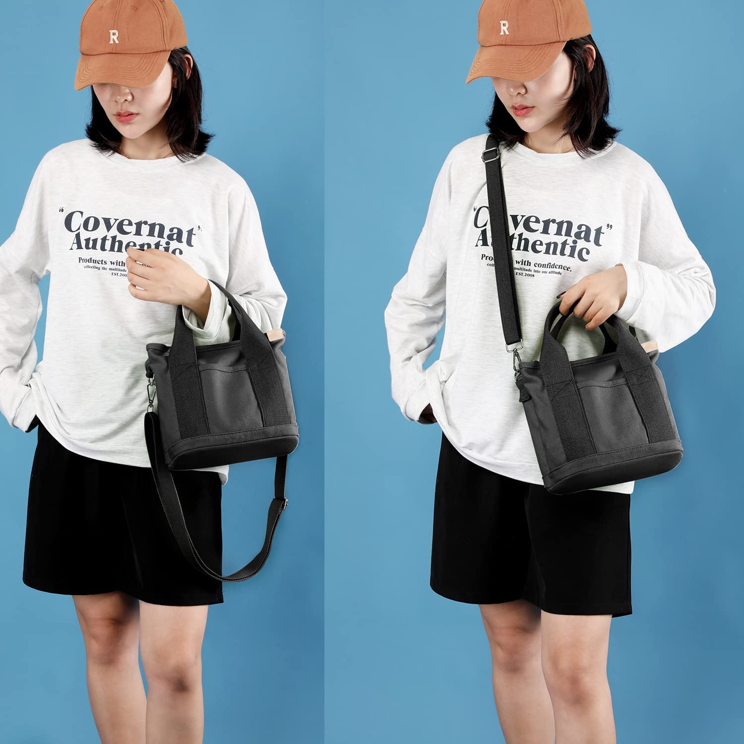 Small Cute Canvas Tote Crossbody Shoulder Bag Multiple Pockets Mini Casual Satchel Hobo Handbag Messenger Purse for Women
