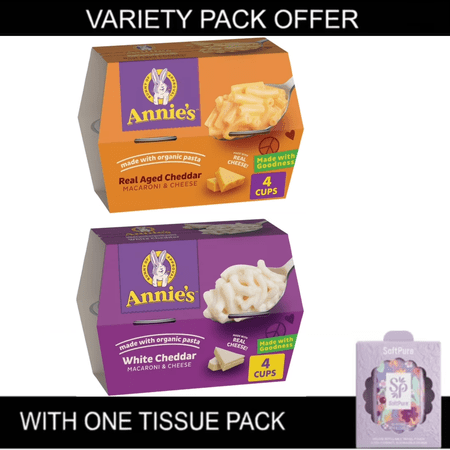 Annie's Microwave Mac & Cheese Variety Pack, Real Aged Cheddar & White Cheddar, Organic Pasta, 2.01 oz Cups, 8 Count Total + 1 Tissue Pack