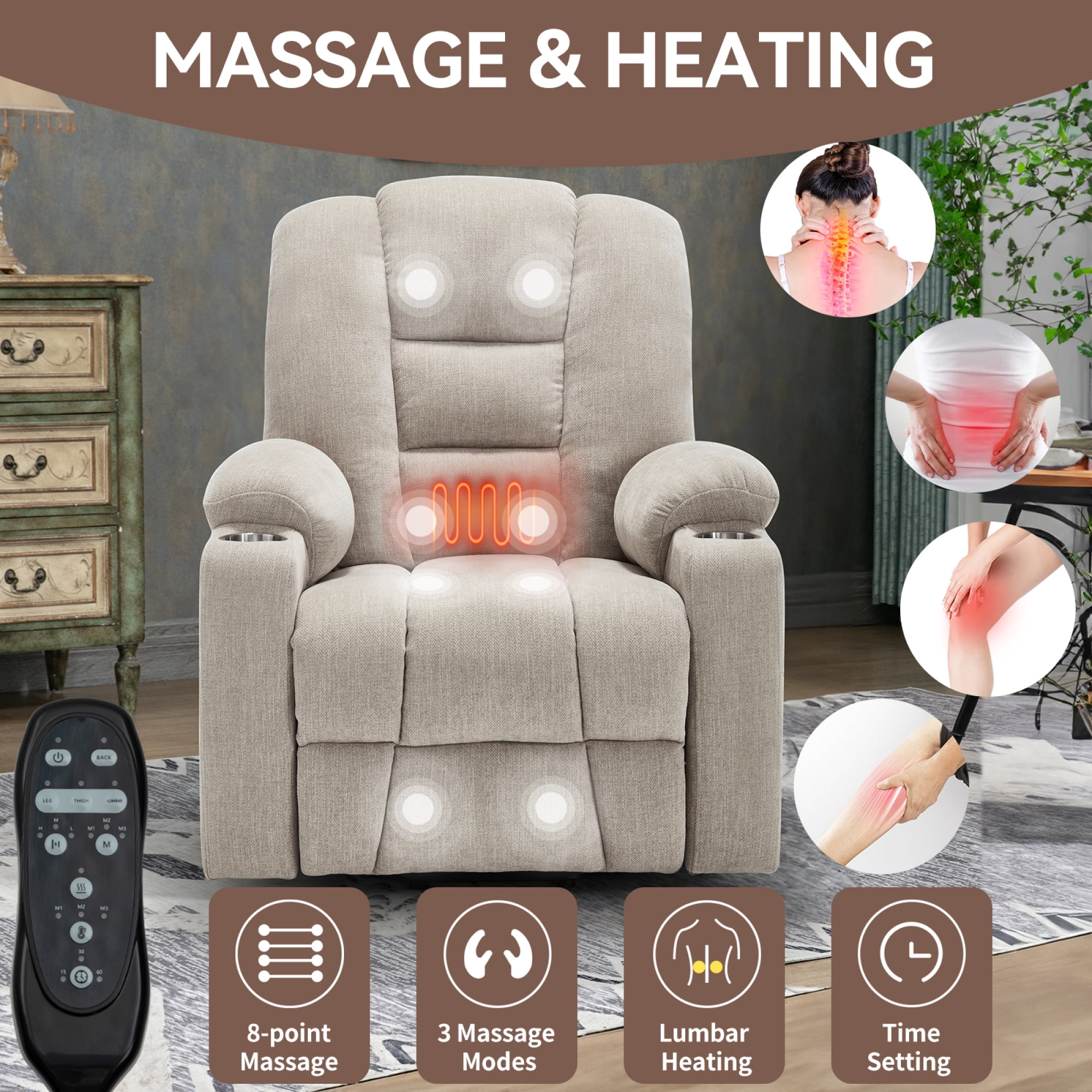 Large Power Lift Recliner Chair with Massage and Heat for Elderly,Chenille Overstuffed Wide Recliners with USB and Type C Ports, 2 Steel Cup Holders,Beige
