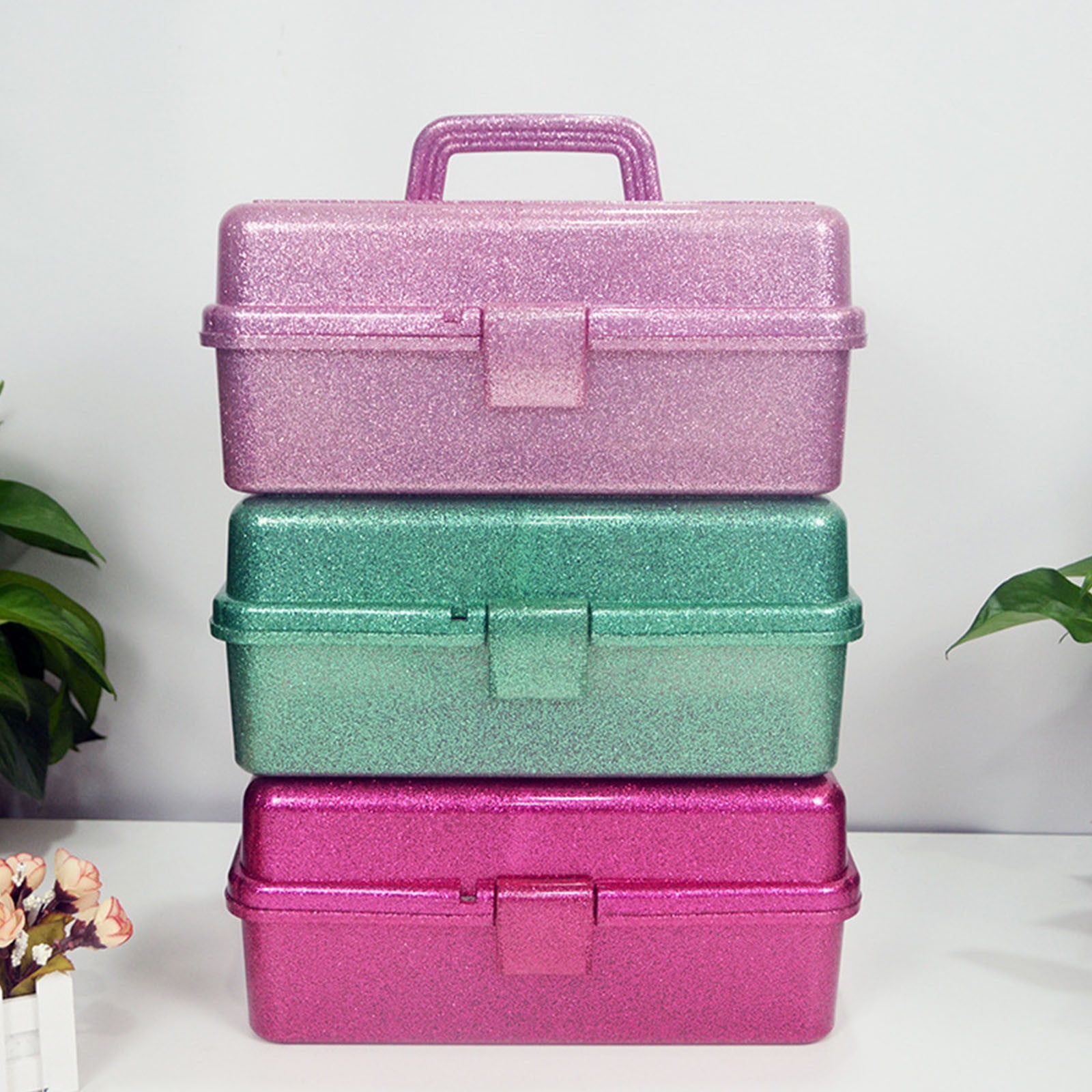 3 Layer Glitter Craft Storage Box with Dividers, Stackable Trays Create Compartments, Thread and Brushes, Clear Sparkle Lid Carry Tackle Box Red