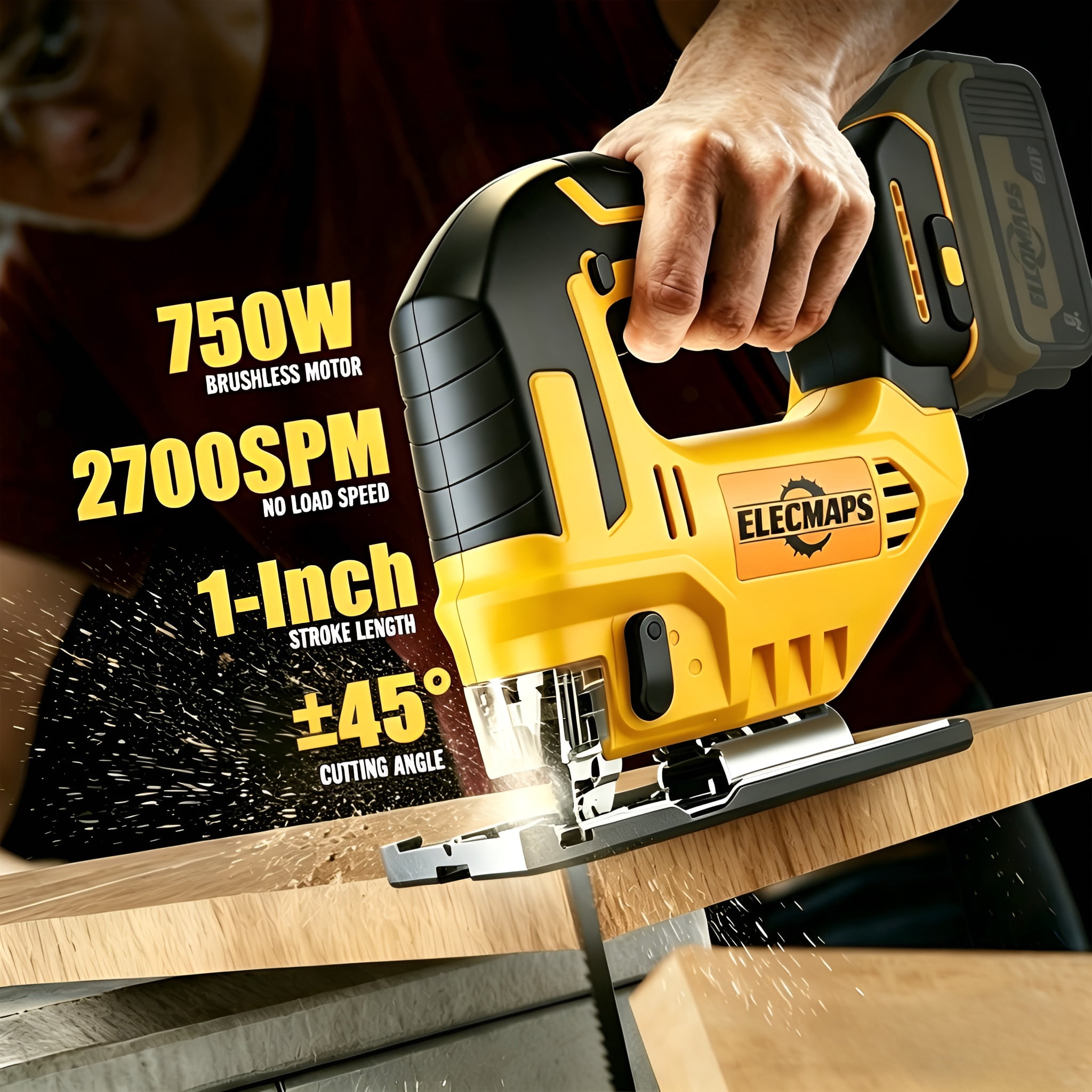 ELECMAPS 750W Cordless Jigsaw Power Saw 2700 SPM, Multi Tool Heads Included, For Wood Metal PVC Cutting, DIY Home Improvement & Professional Use, Compatible with Dewalt 20V Batteries (Tool Only)