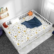Queen Floor Bed Frame for Toddler, Montessori Floor Bed with Fence and Wood Slats for Girls Boys Kids Happy Time,White