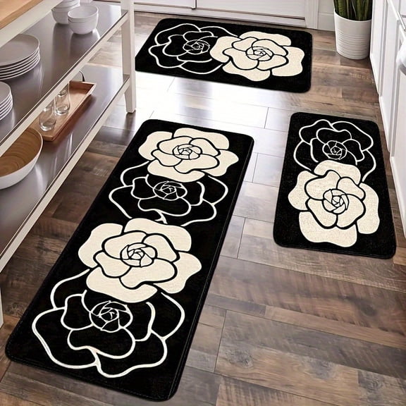 European Floral Kitchen Carpet Set 2/3Pcs, Non-Slip Flannel Floor Mat, Modern Spring Design for Living Room Dining Room Bedroom Entryway