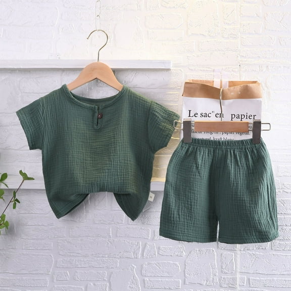 Baby Boys Cotton Linen Outfit Summer Clothes Solid Color Set Button Down Tops Short Sleeve Shorts Toddler Kids 2Pcs