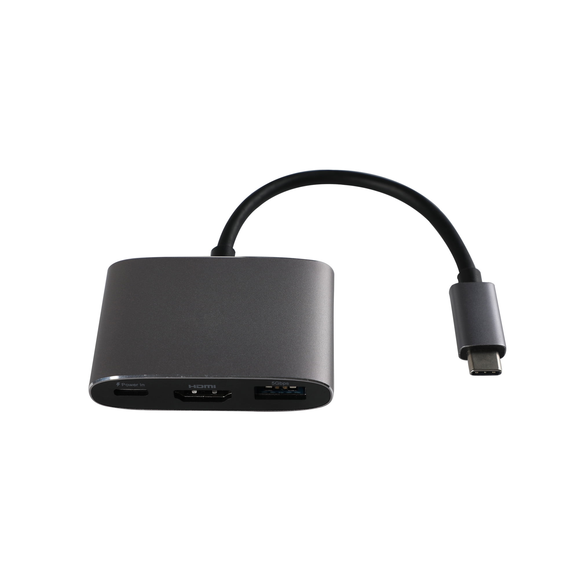 Onn. USB-C, HDMI, USB 3.0 3-in-1 Adapter with Power Delivery 3.0 - Grey, 4 IN. 10 cm Cable