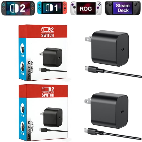 2-Pack Switch 2 Charger 60w AC Power Adapter for Nintendo Switch2/Switch/OLED/lite with 6FT/1.8M Long Cable, Support 4K TV Dock, PD 3.0 Fast Charging