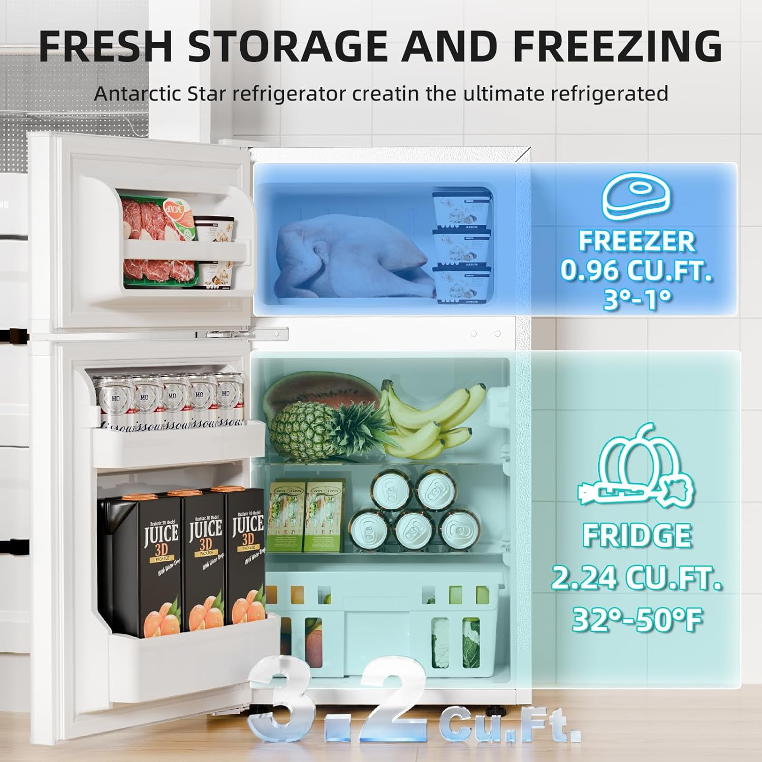 FREE VILLAGE 3.2 Cu.Ft Mini Fridge with Freezer,Compact Mini Refrigerator with Double 2 Door,Adjustable Temperature,Full Size for Home,Kitchen,Dorm,Apartment,Retro White