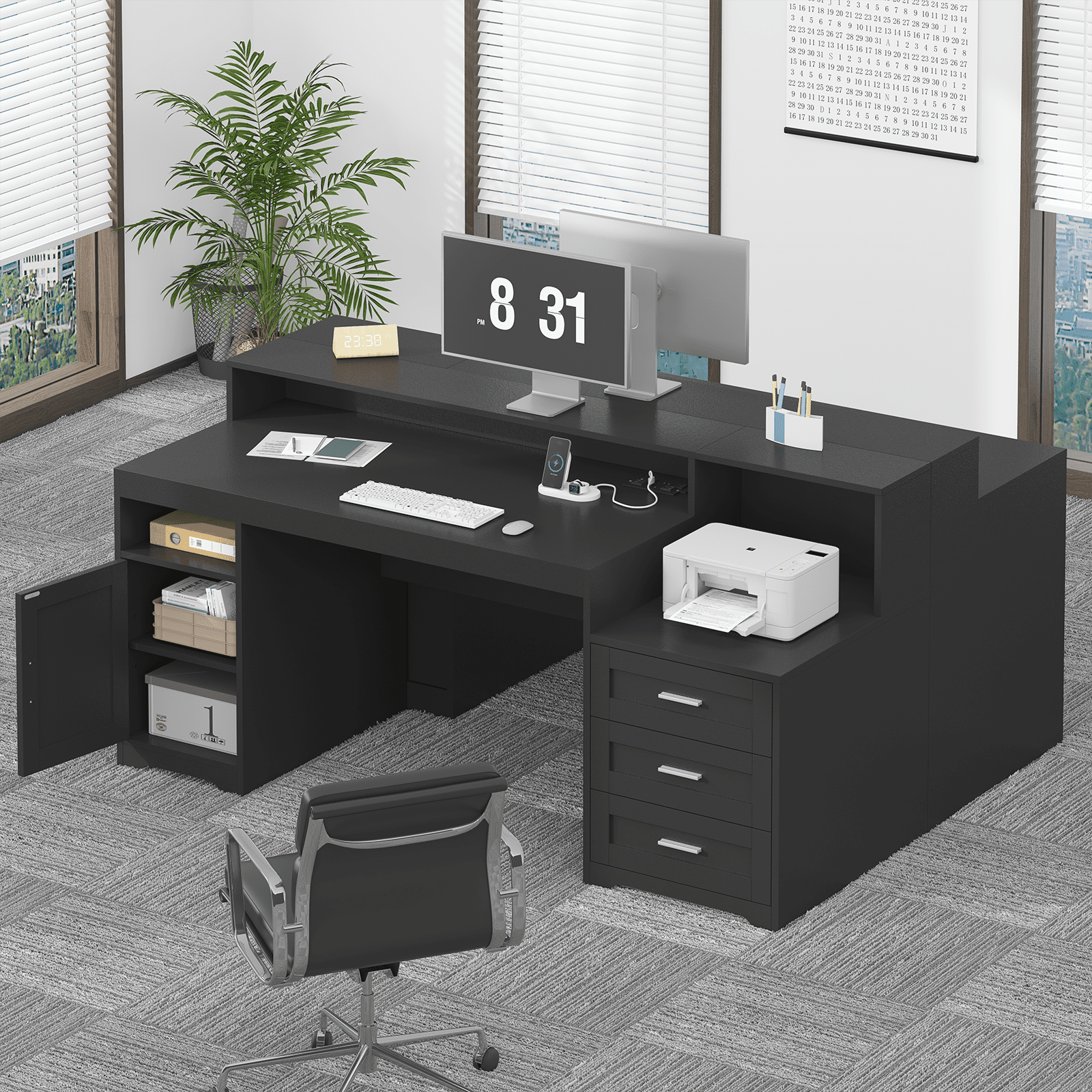 Farmhouse Computer Desk with Drawers, 65'' Home Office Desk with Power Outlets, Storage Cabinet and Printer Stand, Study Writing Desks with Long Monitor Stand, Black