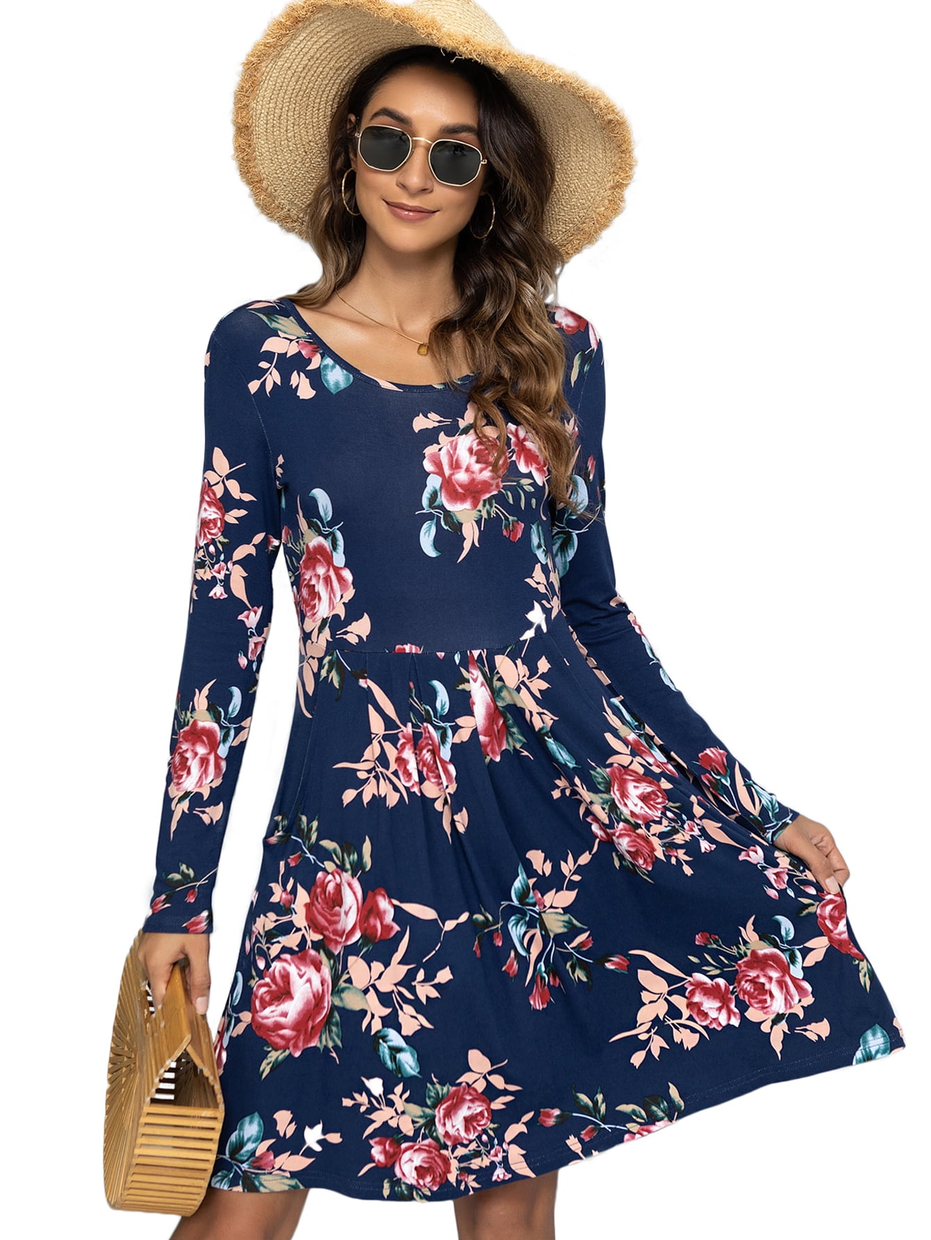 CALIPESSA Womens Long Sleeve Tunic Floral Print Scoop Neck Casual Navy