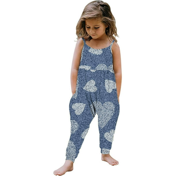 jovati Jumpsuits for Girls Toddler Kids Girls Summer Cute Imitation Denim Heart Print Suspenders Romper Jumpsuit