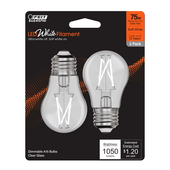 Feit White Filament A15 E26 (Medium) Filament LED Bulb Soft White 75 Watt Equivalence 2 pk