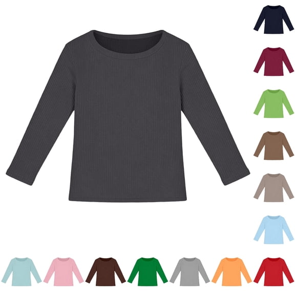 CUZIBR Girls Tops Crewneck Solid Color Long Sleeve Ribbed Stretch Slim Fit Casual Basic Comfortable Kids Shirt Tee Dailywear,Dark Gray,9-10 Years