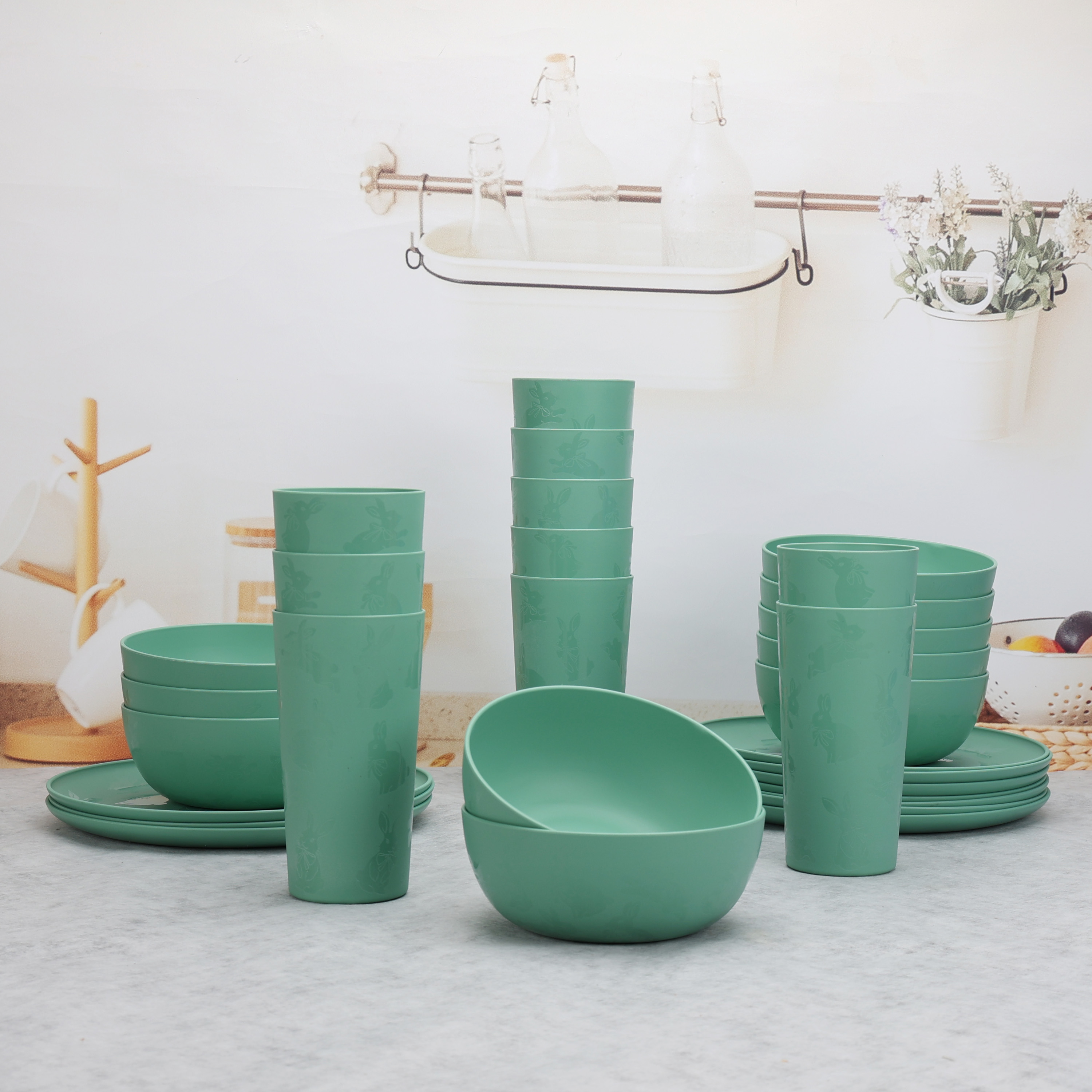 Mainstays 30-Piece Green Etched Easter Bunny Plastic Dinnerware Set, Includes 10 Plates, 10 Bowls, 10 Tumblers