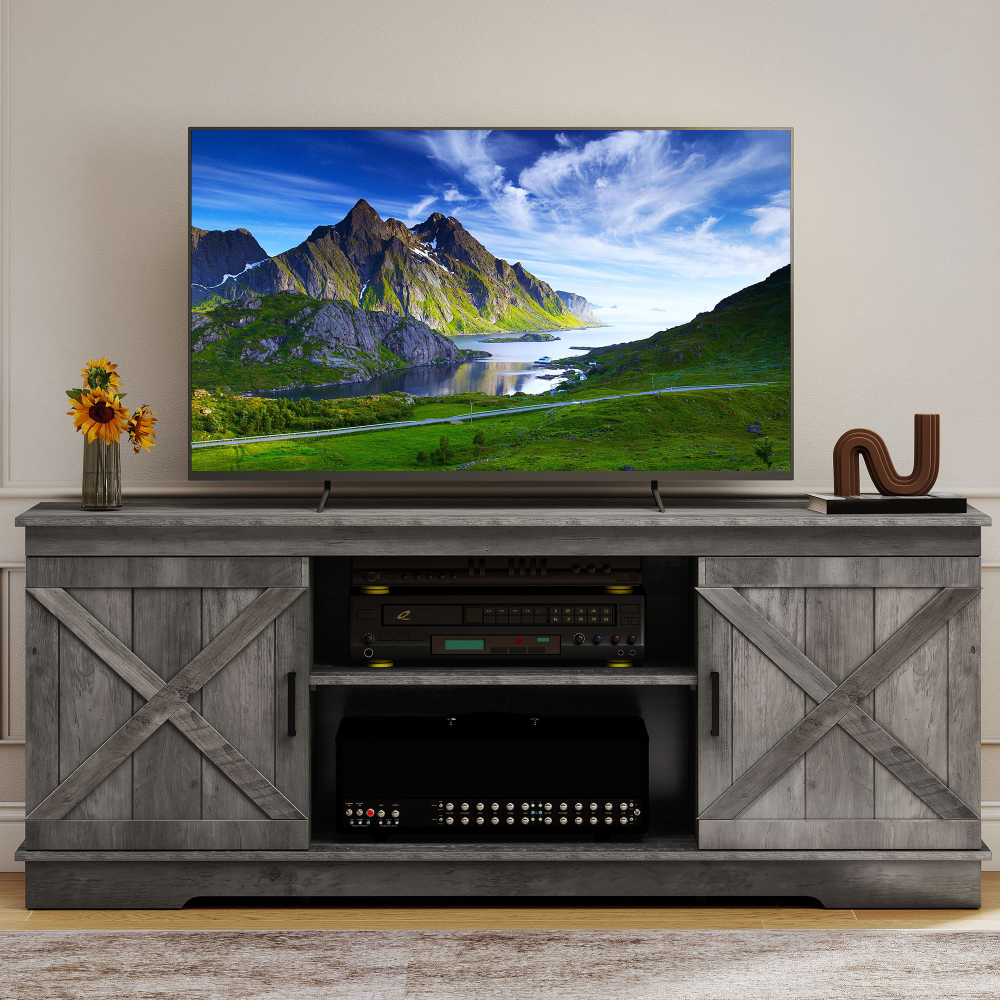 Uforic Farmhouse TV Stand with Barn Doors for 65" TVs photo 1
