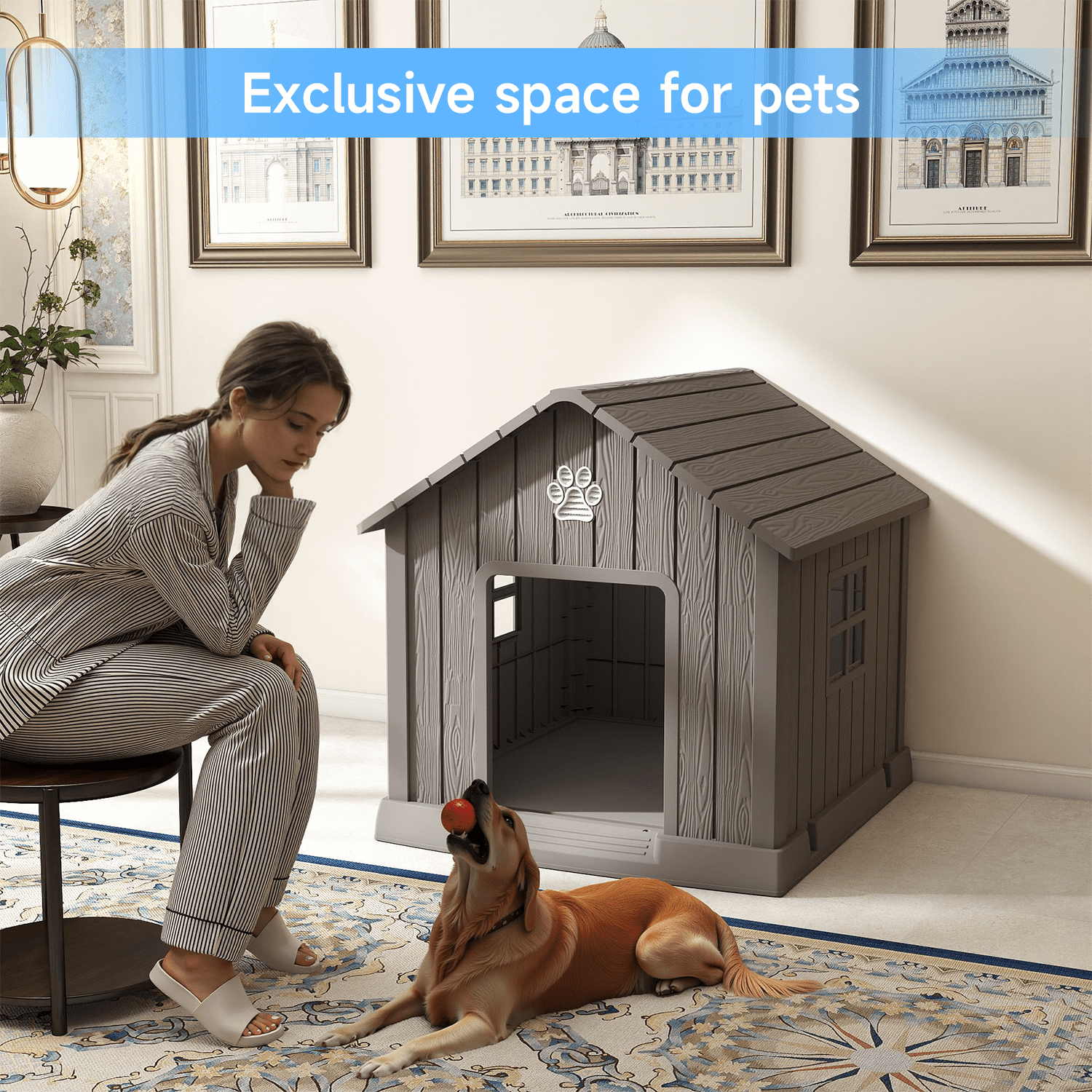 fazzn Durable Waterproof Resin Dog House for Small to Large Sized Dogs, Indoor Outdoor Doghouse Puppy Shelter with Elevated Floor, Easy to Assemble .Blue/Brown.Father's Day Gift