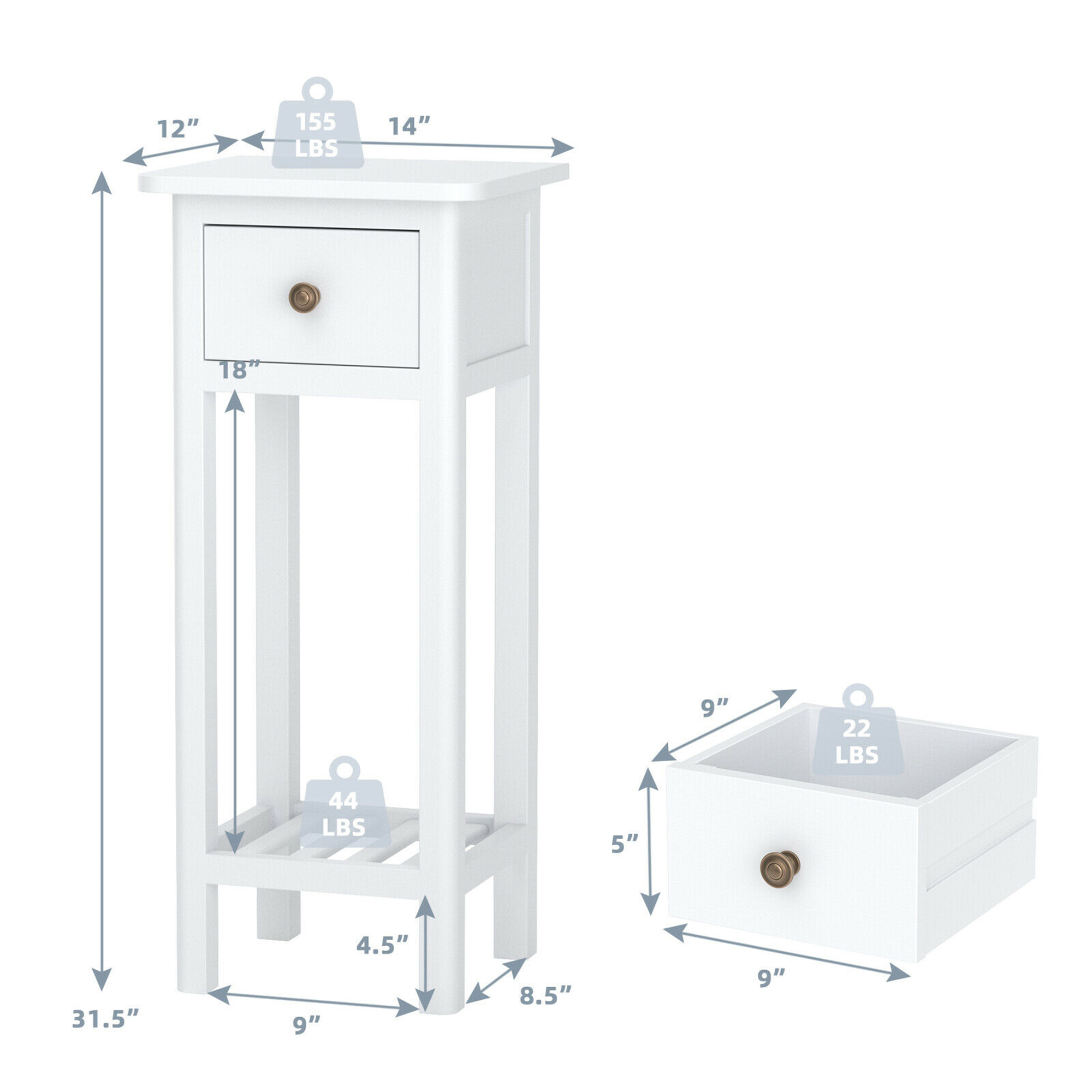 Gymax 2 Tier Acacia Wood Side Table with Drawer (Set of 2), White