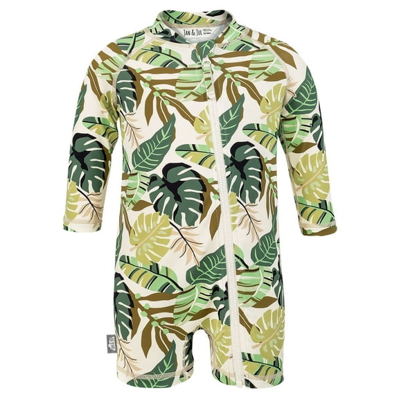 JAN & JUL Zip-up One-piece Baby Swim-suit Boy with Sun Protection (6-12m, Green Tropical)