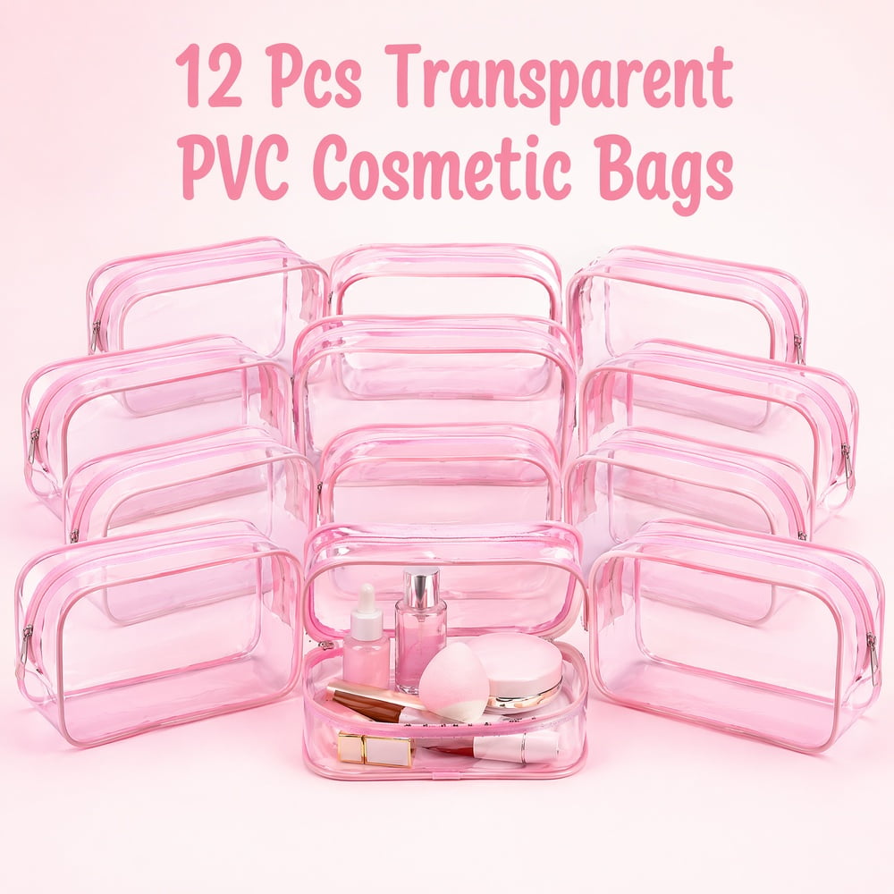12 Pcs Clear Pink Trim PVC Cosmetic Pouches, Transparent Zipper Travel Toiletry Bags, Portable Makeup Storage Organizer for Women Trips, Daily Sundries Holiday Travel Packing