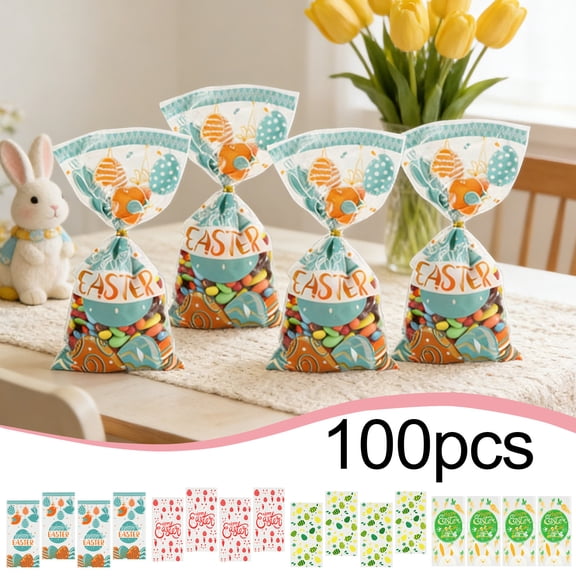 FEOLGEHLY 100 Pcs Easter Bunny Egg Transparent Candy Bags, Clear OPP Plastic Snack Packaging Bags with Twist Ties, Printable Favor Bags for Birthday Party Favors, Holiday Gift Wrapping