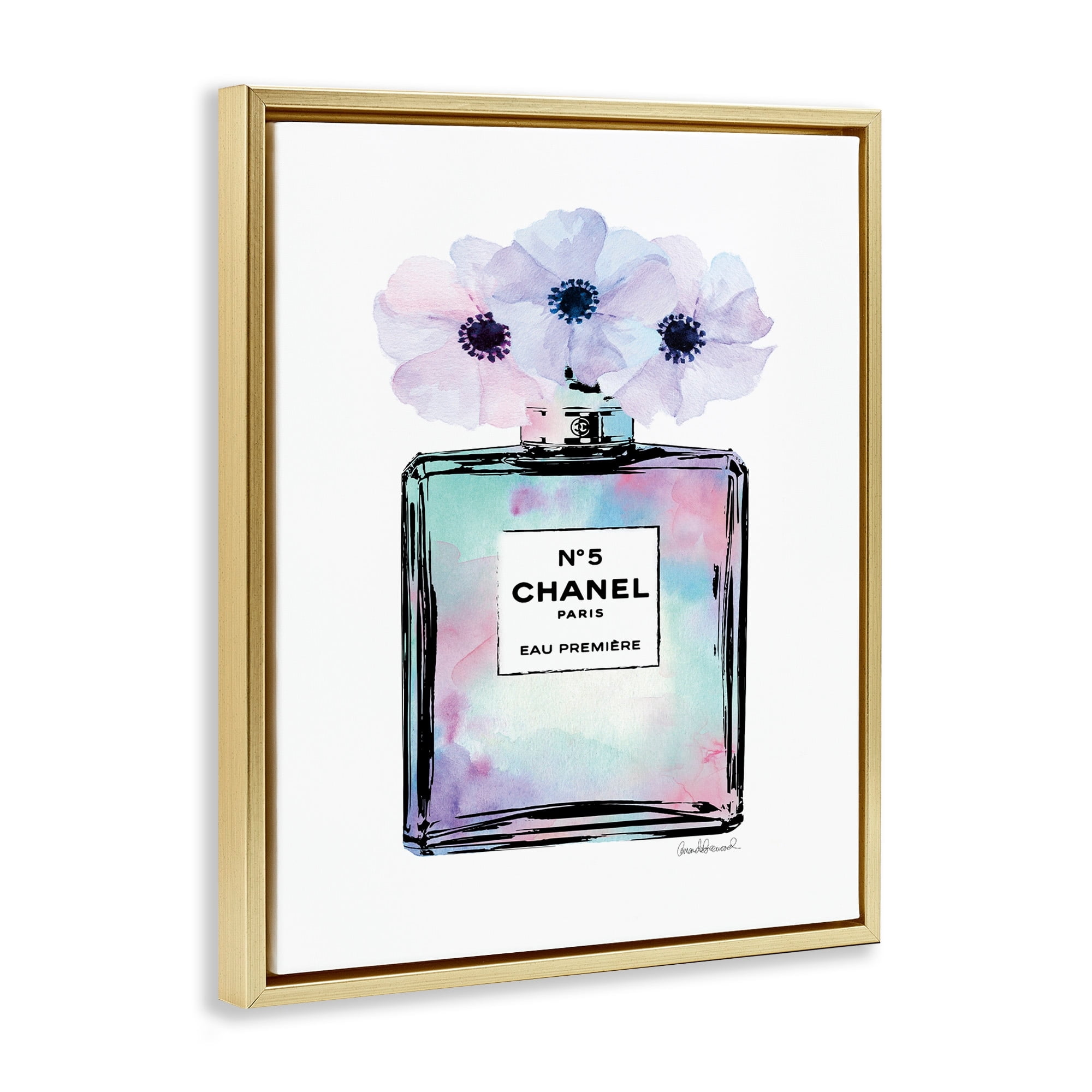 Stupell Industries Purple Flower Perfume Glam Fashion Design Metallic Gold Framed Floating Canvas Wall Art, 24x30, by Amanda Greenwood