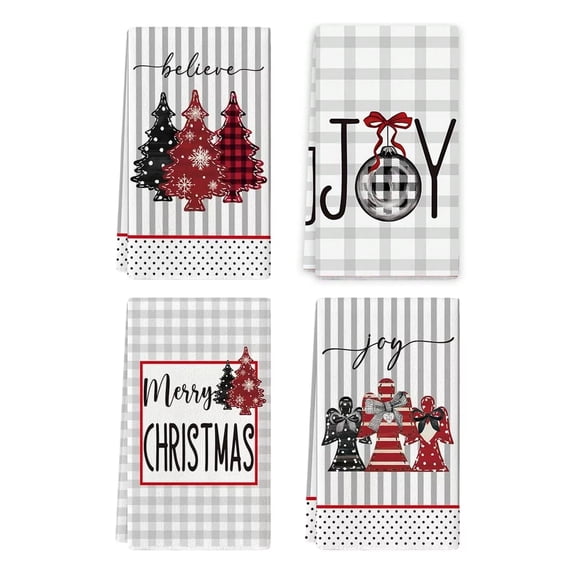 4Pcs Xmas Trees Cross Ball Stripes Believe Merry Christmas Kitchen Towels Dish Towels, 24x16 Inch Seasonal Winter Decoration Hand Towels